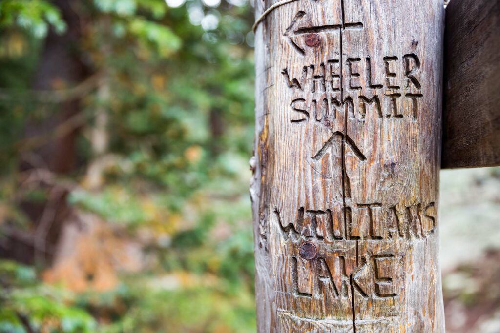 Wheeler Summit and Williams lake trail sign carved into wood