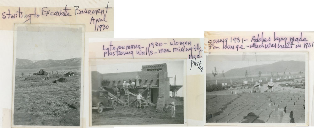 A series of old photos showing adobe building construction in the 1930s.