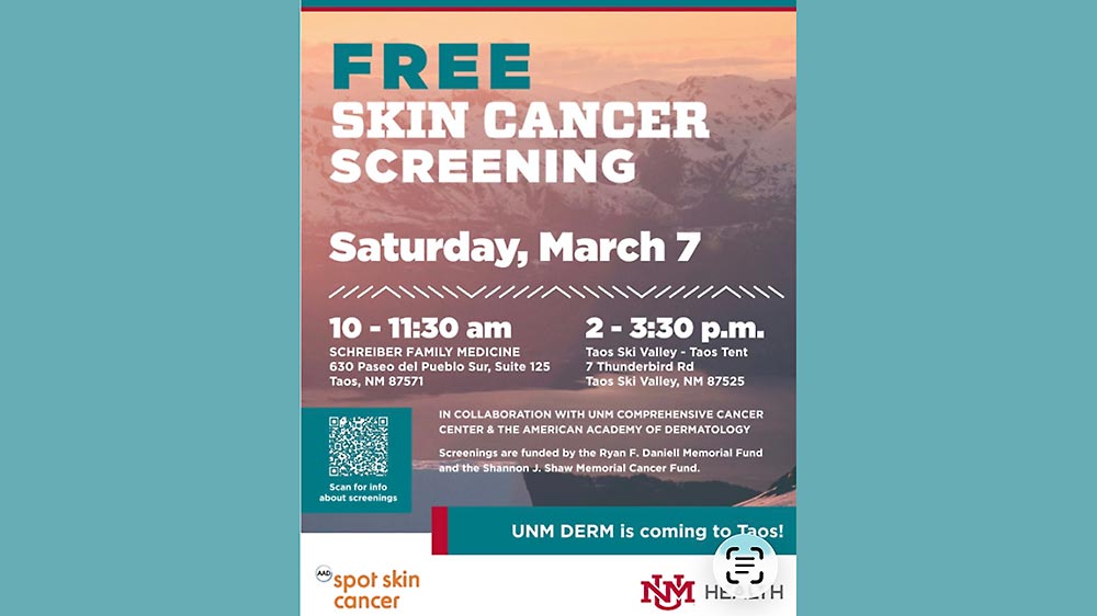 Free skin cancer screenings in Taos Ski Valley and Town of Taos.