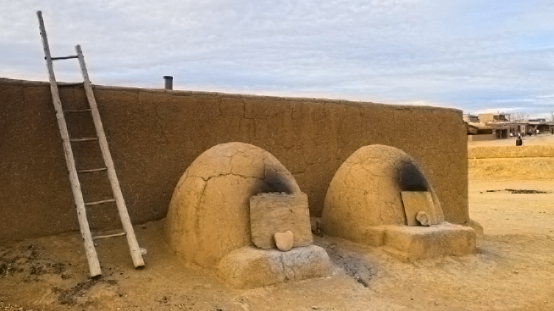 Two outdoor domed earthen ovens sit in front on an adobe wall with a wooden ladder leaning next to them on the wall.