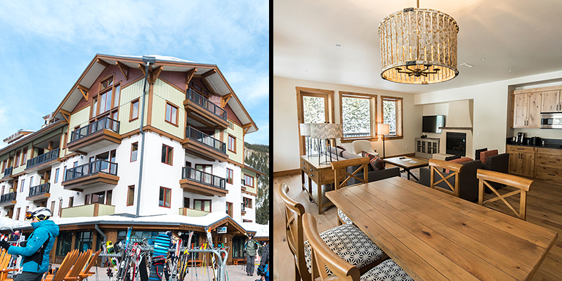 The exterior of a four story, alpine inspired hotel and the interior, laden with wooden furniture.