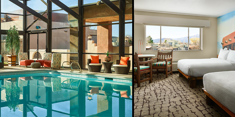 An indoor pool reflects its surroundings in the sun light and the interior of a hotel room with two King beds and a mountain view. 