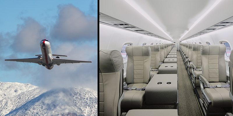 A small jet takes off against a snowy mountain background, and the empty interior of a small plane.