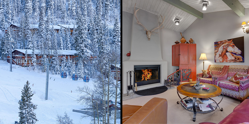 A series of long buildings stand on a snowy mountainside in the trees, and the interior with vaulted ceilings and a wood burning fireplace.