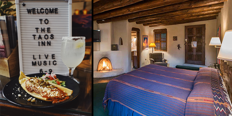 A sign that says "Welcom to the Taos Inn: Live Music" and the cozy interior of a hotel room with a wood burning kiva style fireplace.