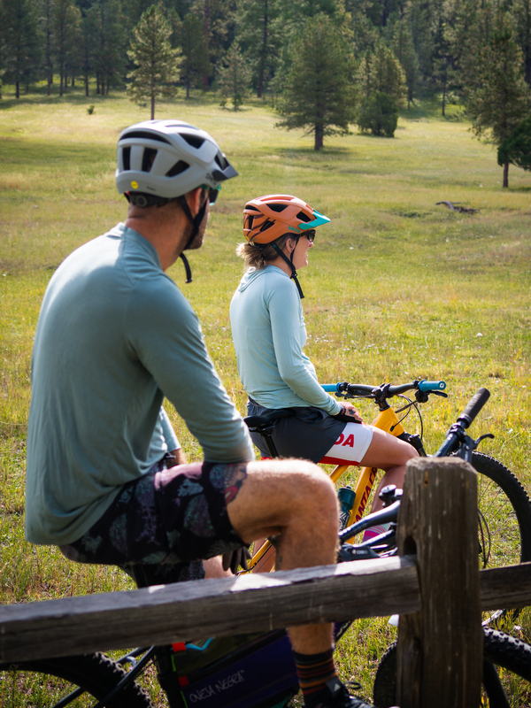 Two People sitting on bikes outside