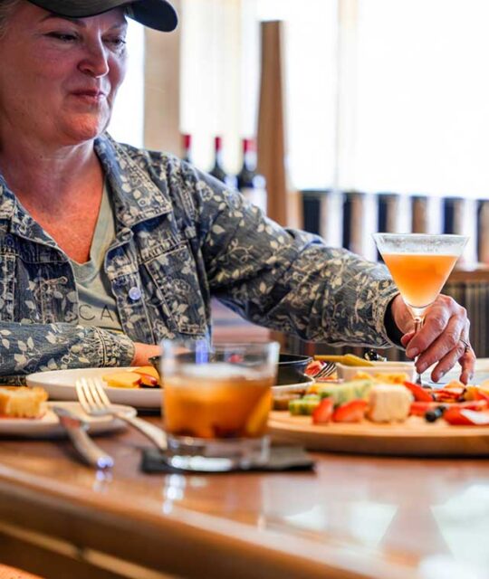 Woman seated at the bar and enjoying drinks and charcuterie.