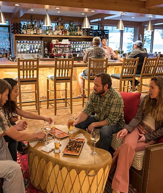 Couples enjoying drinks and appetizers at the bar.