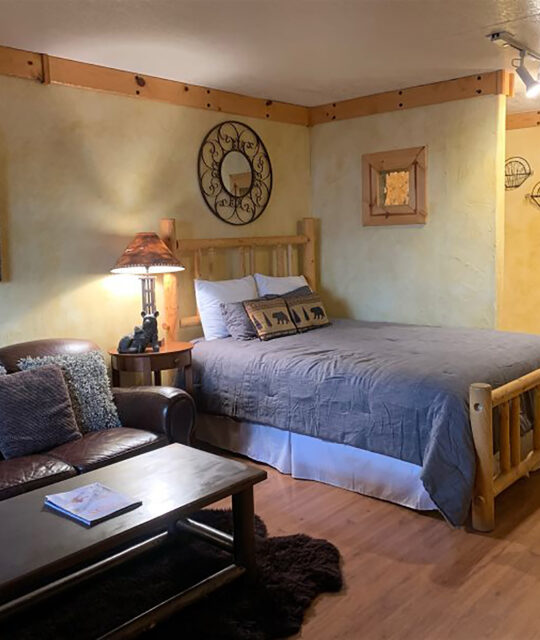 A vacation rental with a log framed bed.