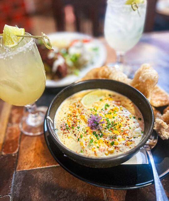 Bowl of soup and margaritas.