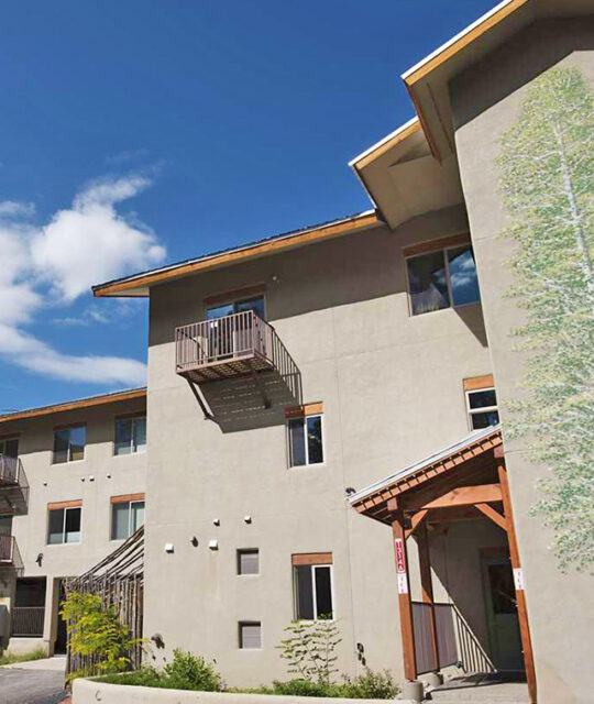 A condo building in the mountains surrounded by trees and blue sky