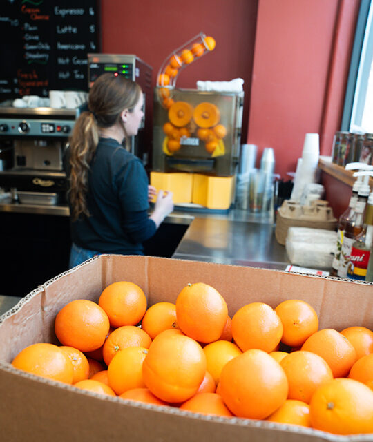 Box or oranges used to make fresh squeezed orange juice.