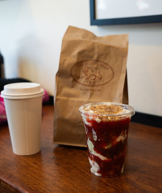 Parfait, coffee, and bagel to go from The Blonde Bear Cafe.