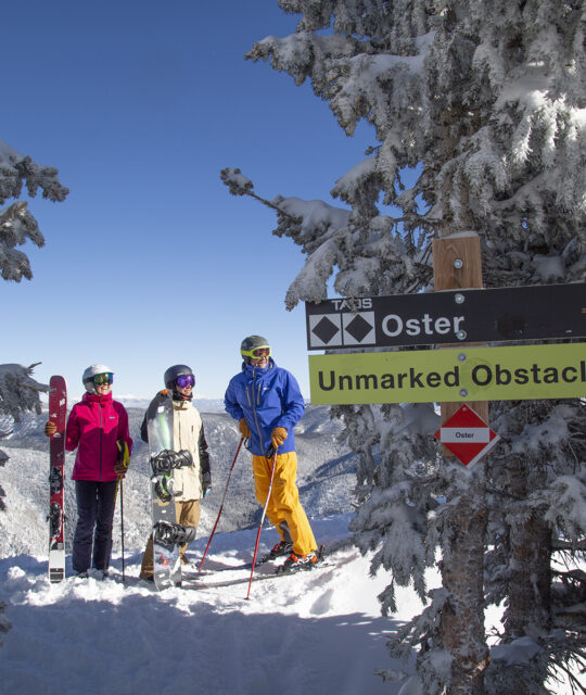 Gear rental - Three skiers on top of the Highline Ridge at Taos Ski Valley