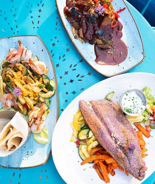 Blue corn crusted trout and plate of bison ribs and shrimp fajitas setting on a turquoise patio table.