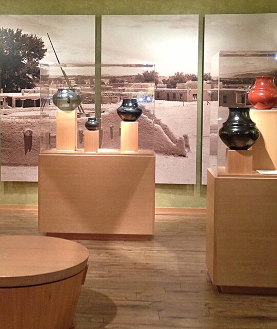 Maria Martinez pottery gallery display at the Millicent Rogers Museum.