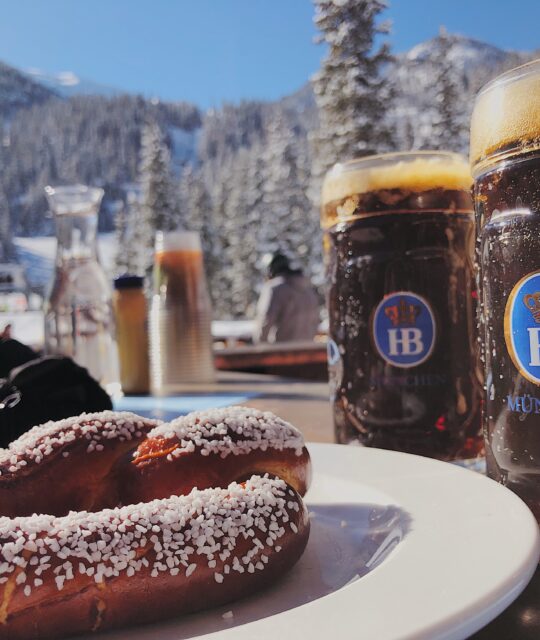 Winter scene with snowy mountain and tall steins of German beer and pretzel.
