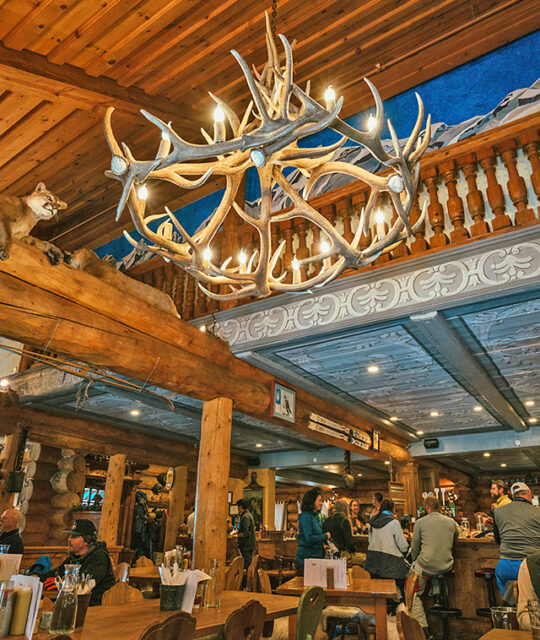 Antler chandelier in The Bavarian at Taos Ski Valley.