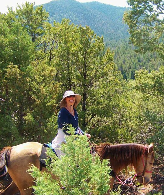 Smiling woman on a horseback ride in the mountains.