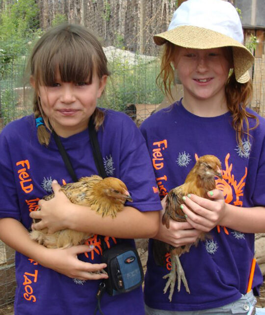 Field Institute of Taos kids summer camp smiling girls with chickens