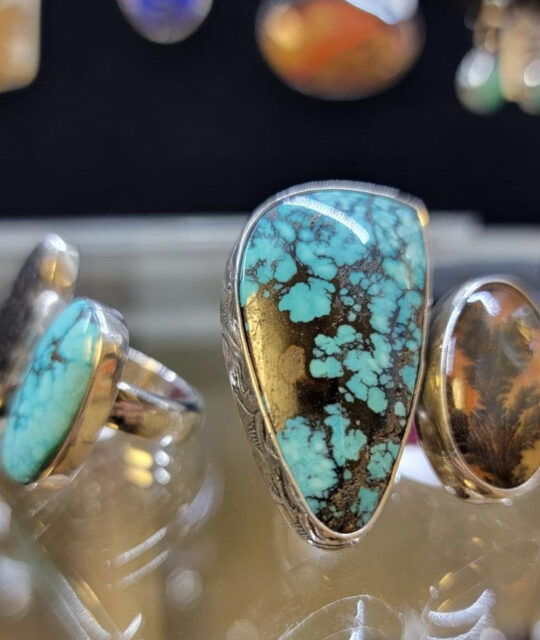Turquoise rings on display at the Harwood Museum Store.