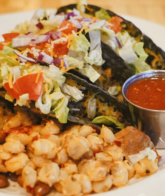 Tacos and posole plate from the Hondo Restaurant in Taos Ski Valley