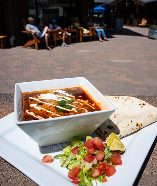 Bowl of queso beef birria and flour tortilla on patio.