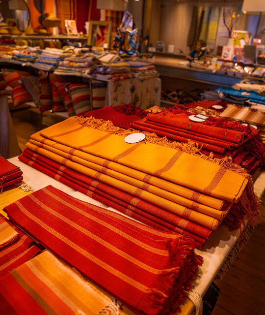 Display of colorful fabric napkins.