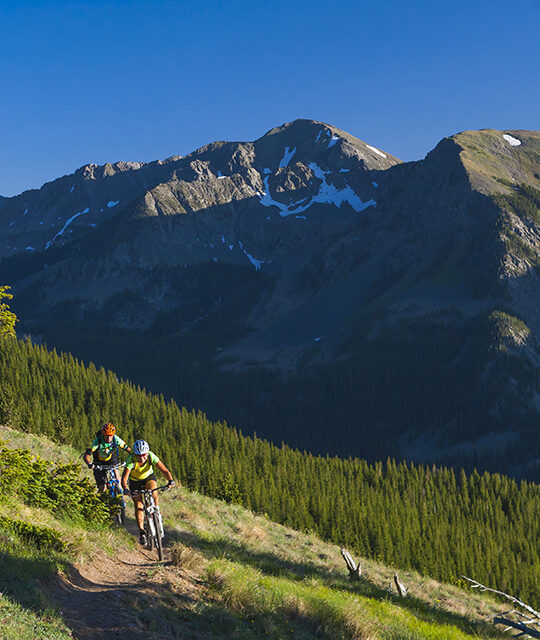 Mountain bikers riding a high alpine singletrack with Lake Fork Peak in the background