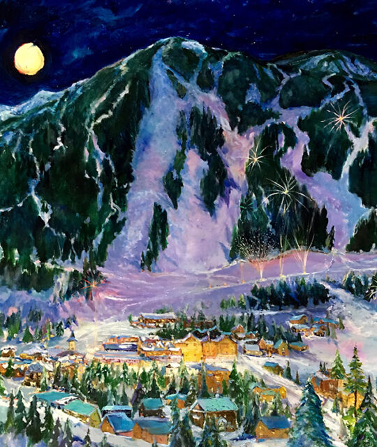 Painting of Taos Ski Valley and fireworks on New Year's Eve under a full moon.