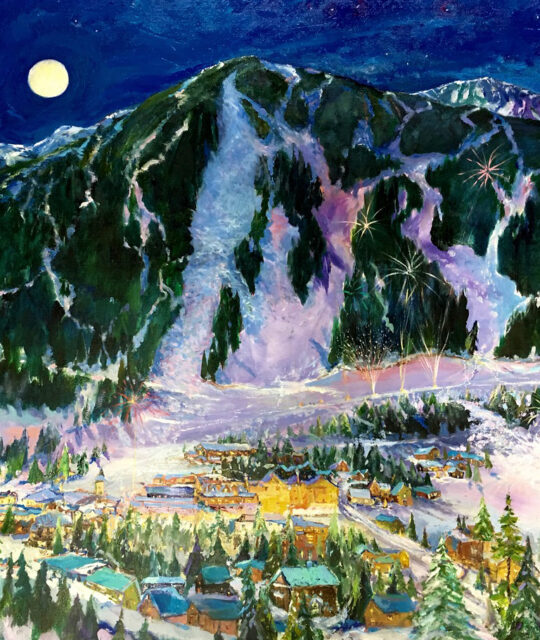 Painting of Taos Ski Valley and fireworks on New Year's Eve under a full moon.