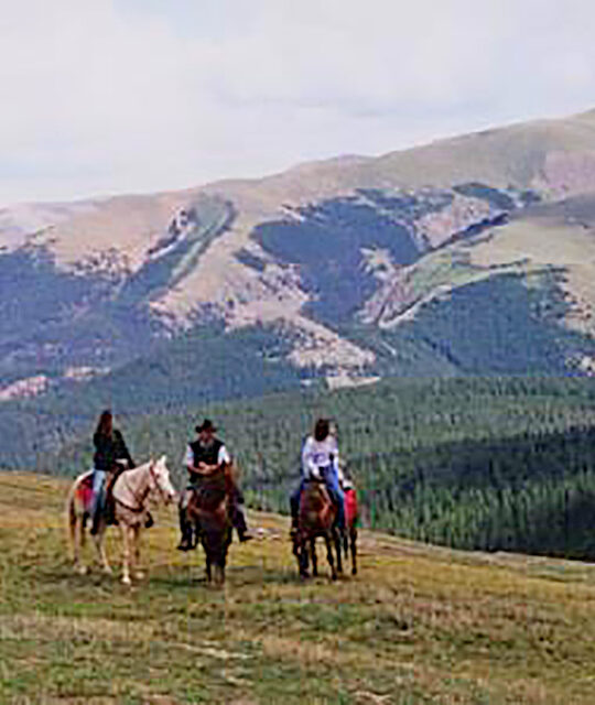 Horseback riders stopping to enjoy the alpine mountain views above Taos Ski Valley