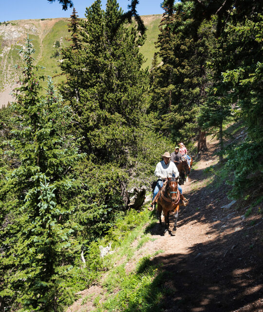 Horseback tour riders on trail ride with high mountain backdrop.