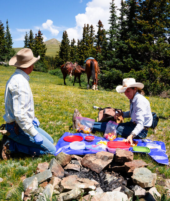 Wranglers setting up a picnic lunch in a lush meadow with horses and mountain in background.