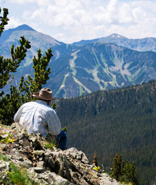 Wrangler enjoying the view of Taos ski area and high peaks.