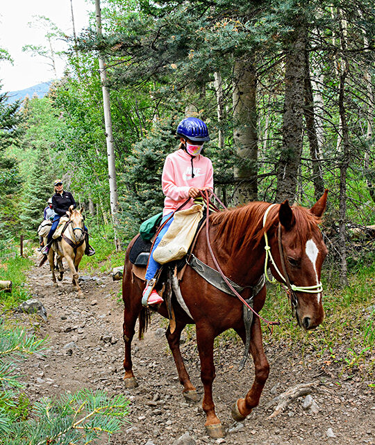Young girl horseback riding on a forest trail