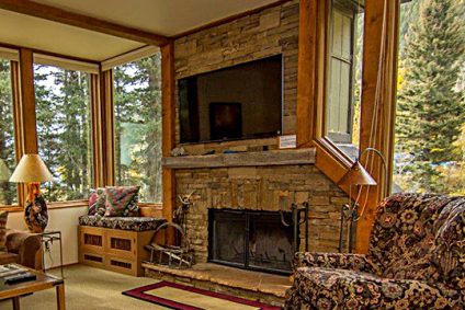 Firplace and living area at the Rio Hondo Condos in Taos Ski Valley