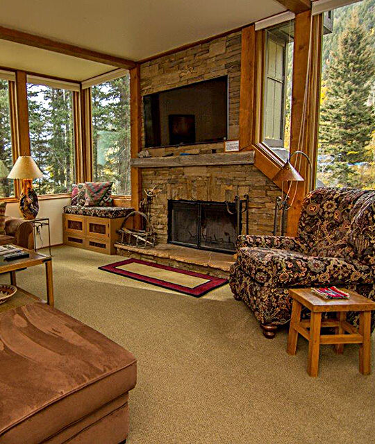 Firplace and living area at the Rio Hondo Condos in Taos Ski Valley