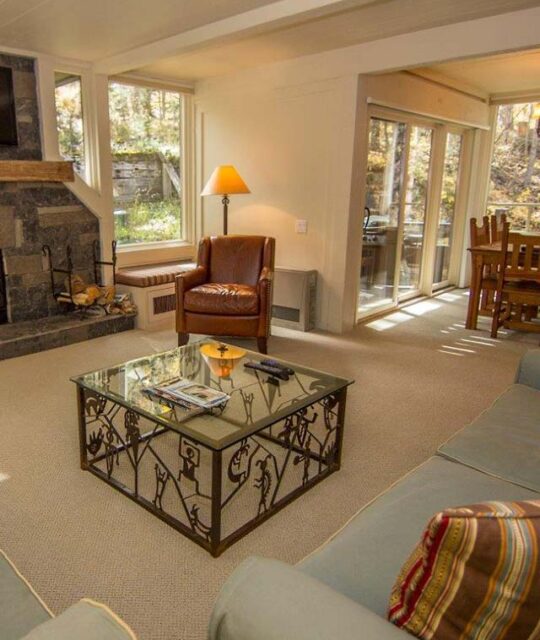 Living and dining area with forest views