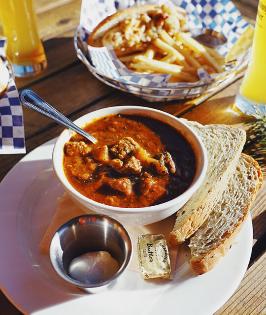 German goulash, bread, brat and beer.