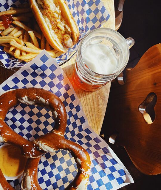 German goulash, pretzel, brat and beer.