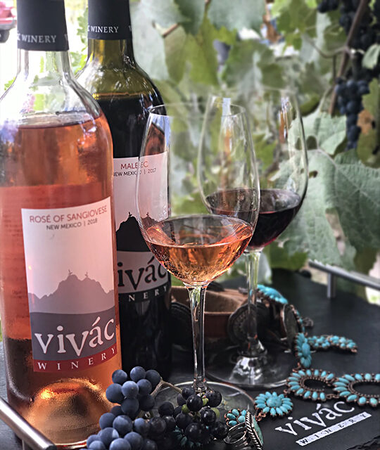 Vivac Winery bottle of Rose and Red with wine glasses