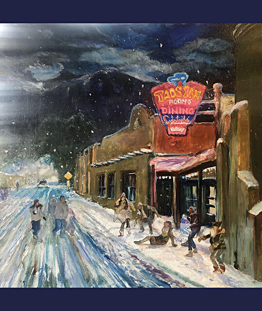 Snowball fight oil painting by Pat Woodall