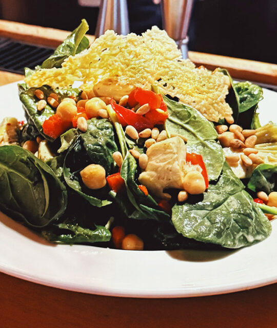 Spinach Salad with Roasted Red Bell Pepper, Marinated Ar choke Hearts, Toasted Piñon, Chickpeas, Fricco,