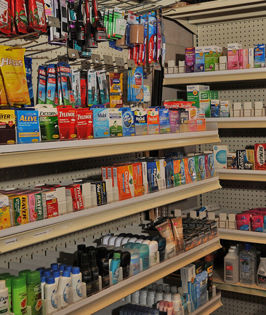 Pharmacy and medicine display at Bumps Market