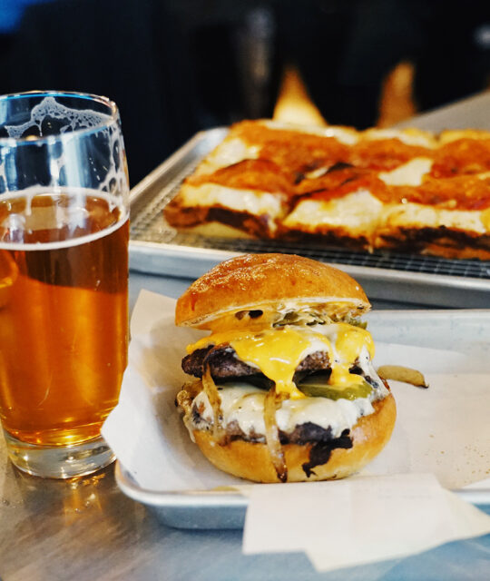 Taos Ale House Detroit style pizza, a gooey cheeseburger and a pint of beer