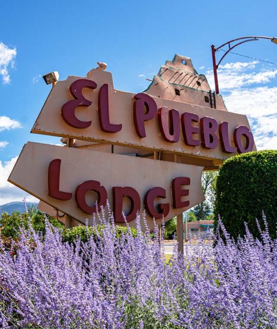 El Pueblo Lodge's iconic sign and purple sage.