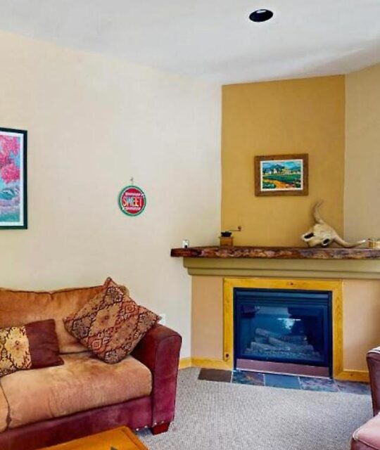 Ski condo living room with fireplace.