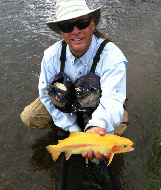Man showing his yellow fish caught fly fishing