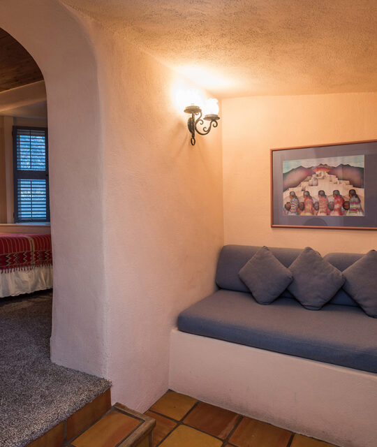 Sitting area of an historic southwest adobe hotel.